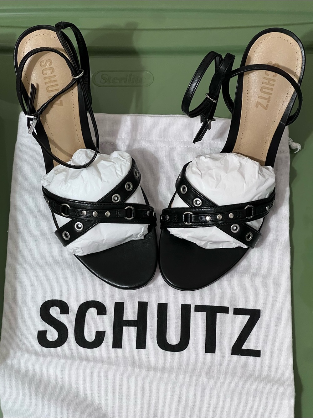 SCHUTZ Black Studded Ankle-Strap Heels